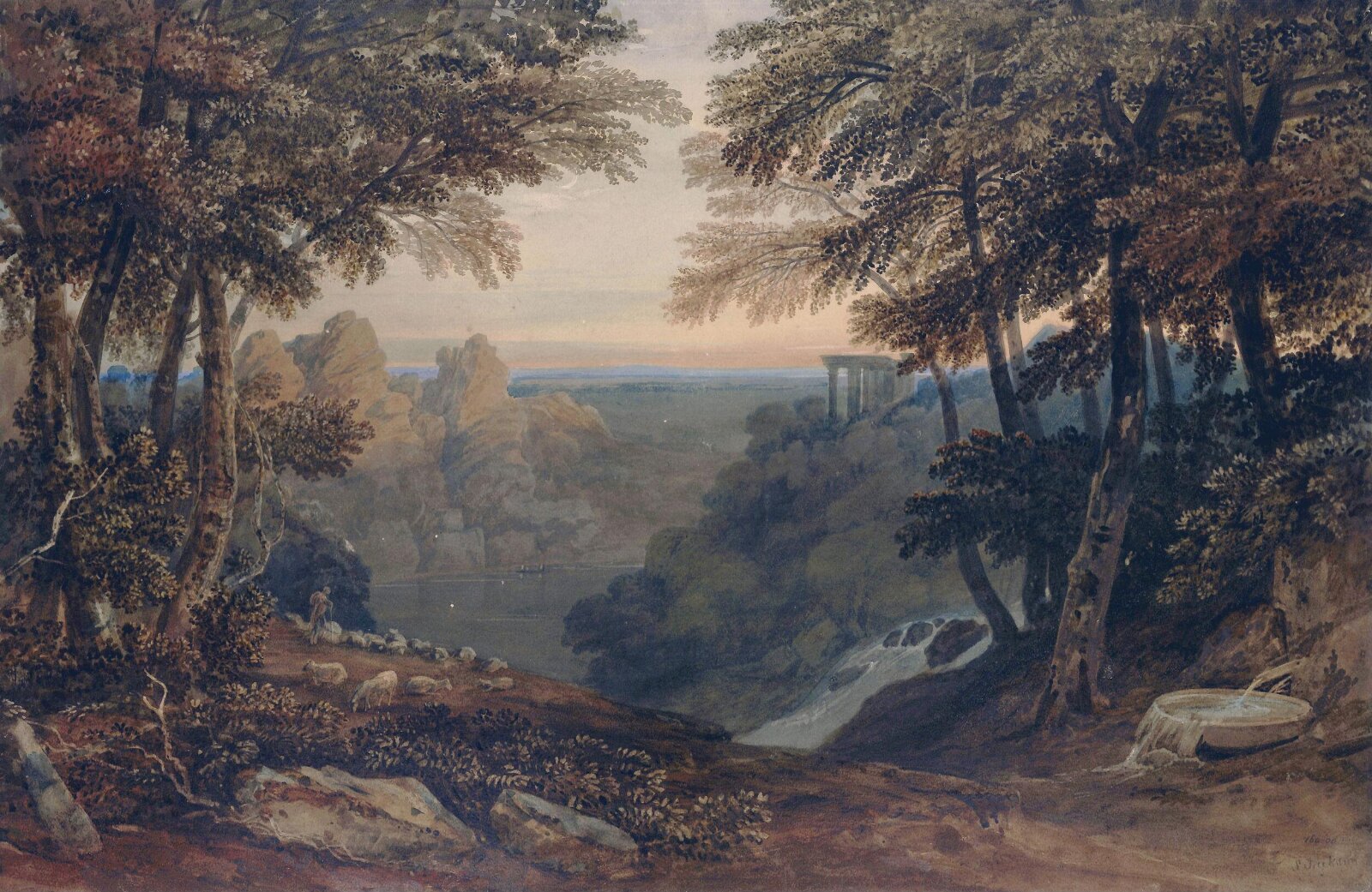 Landscape composition with waterfall and temple, Samuel Jackson, ca. 1815-69