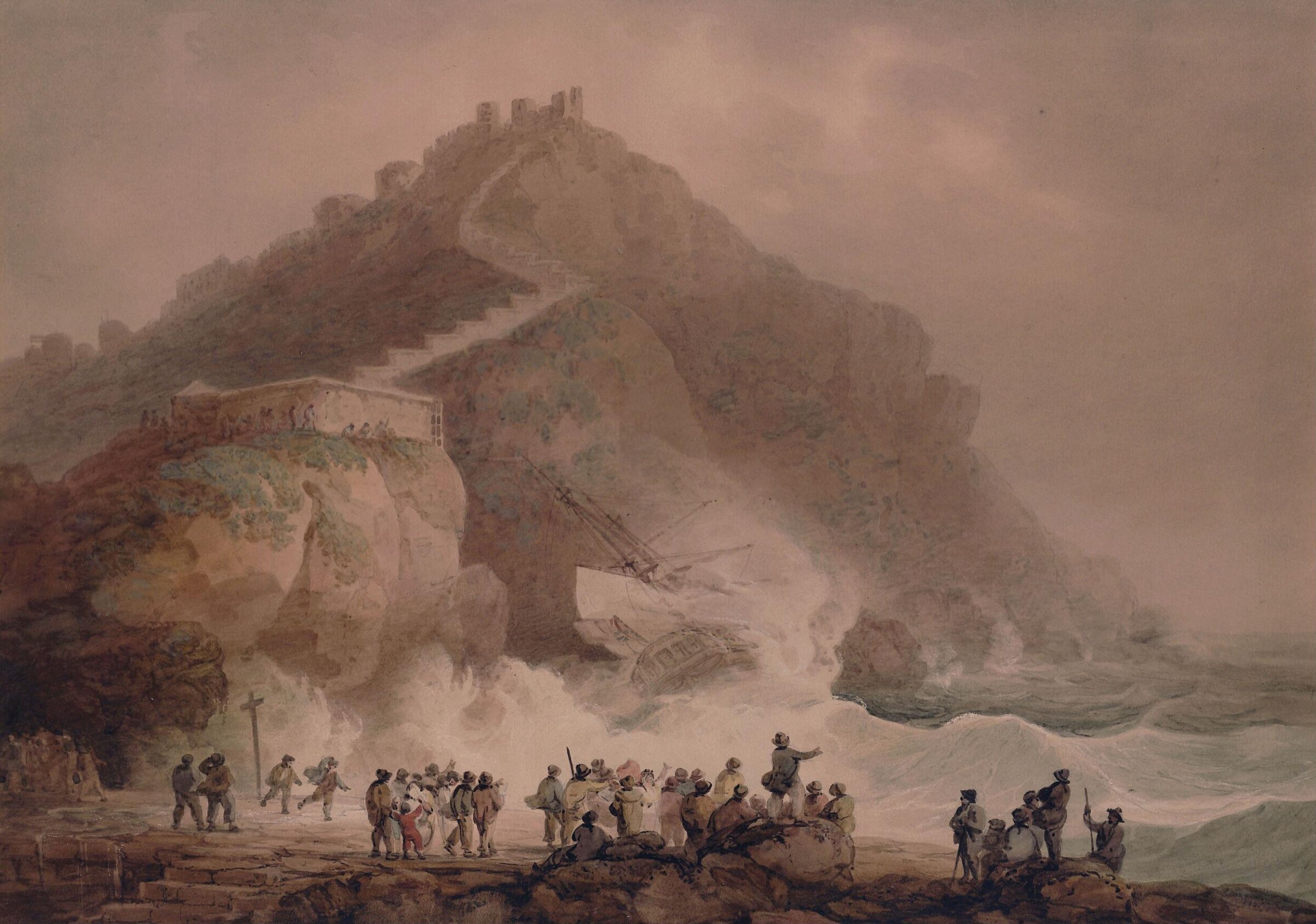 Scarborough: Shipwreck at the foot of the castle cliff, Francis Nicholson, 1803