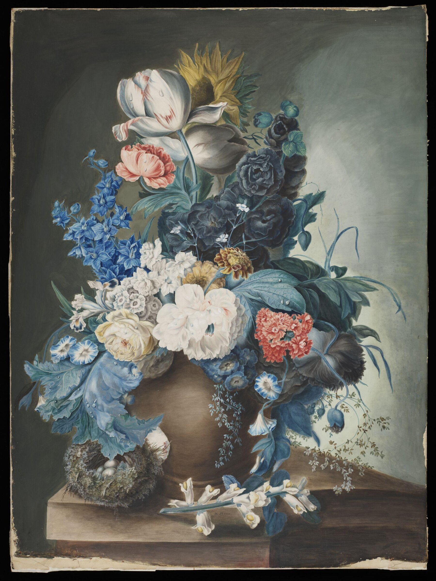A group of flowers in a jar and a bird's nest, Margaret Meen, 1806