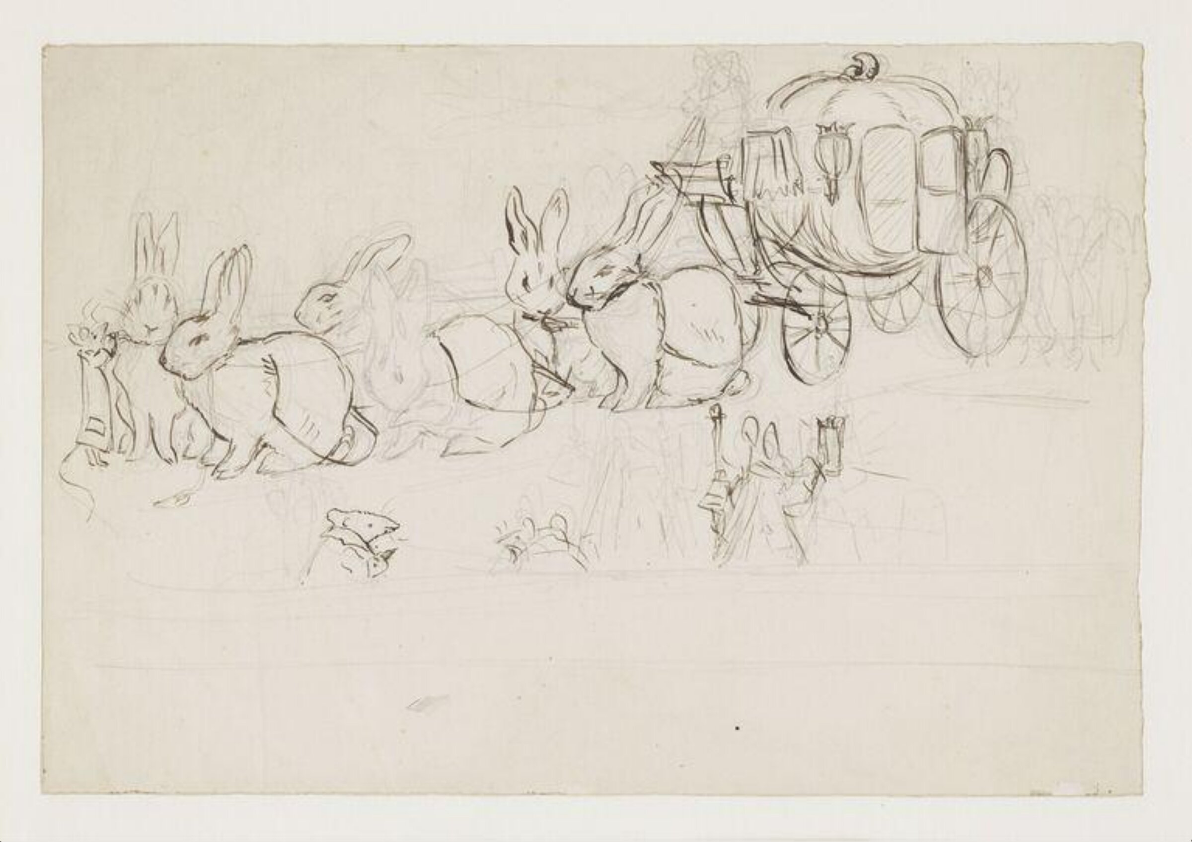Cinderella's coach drawn by three pairs of rabbits, Beatrix Potter, ca. 1890s