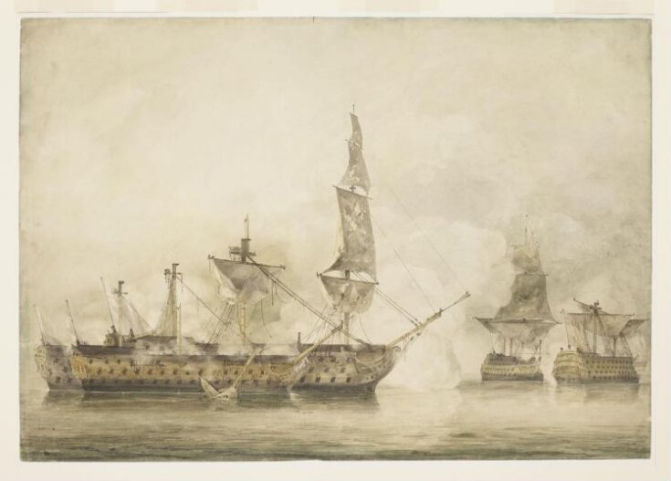 His Majesty's ship "Victory", Capt. E. Harvey, in the memorable battle of Trafalgar, between two French ships of the line top image