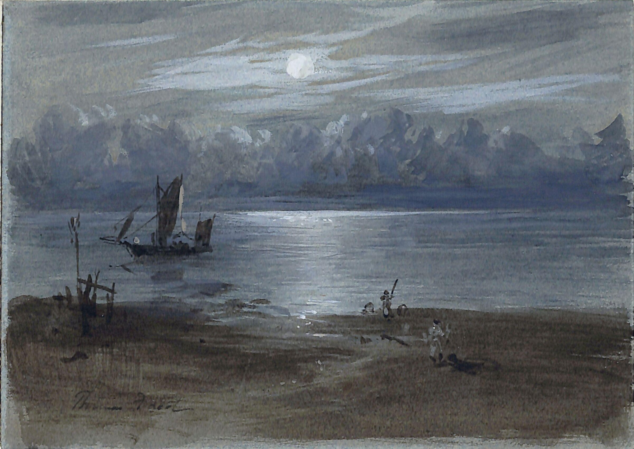 River Scene: Moonlight - A Sketch, Thomas Faed, 19th century