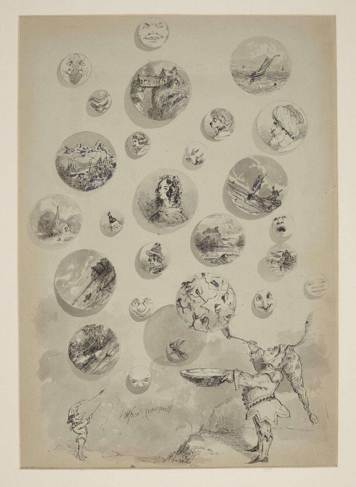 A jester blowing fantastic bubbles, Alfred Crowquill, 1850