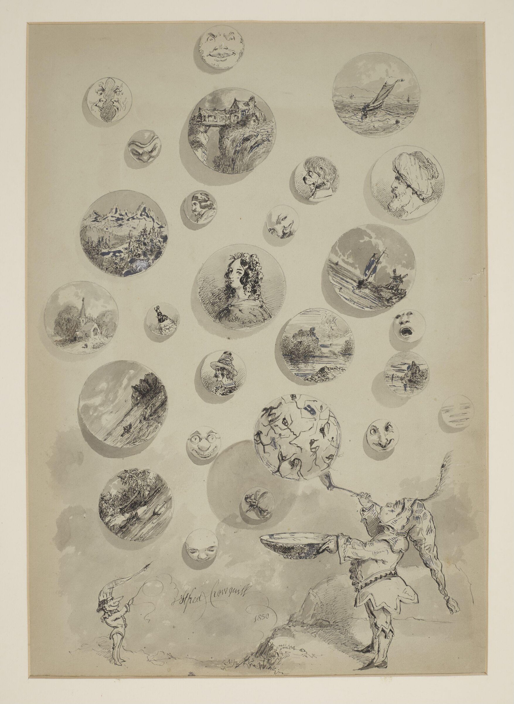 A jester blowing fantastic bubbles, Alfred Crowquill, 1850