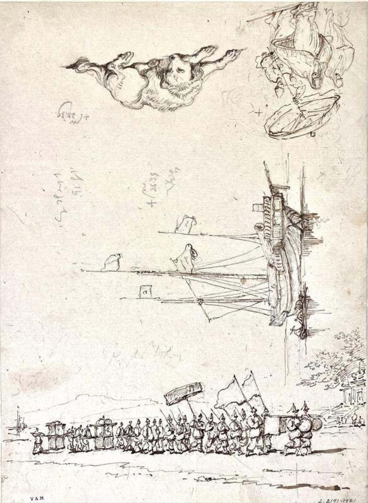 A procession, Macau, with three other studies, George Chinnery, 26/04/1839
