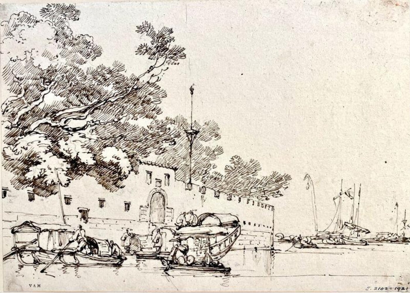 George Chinnery, Junks and Tanka boats by a river fort, Canton (Guangzhou)