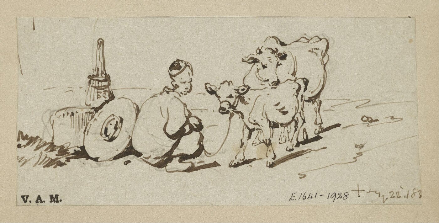 George Chinnery, A crouching Chinese figure by a tethered calf and cow
