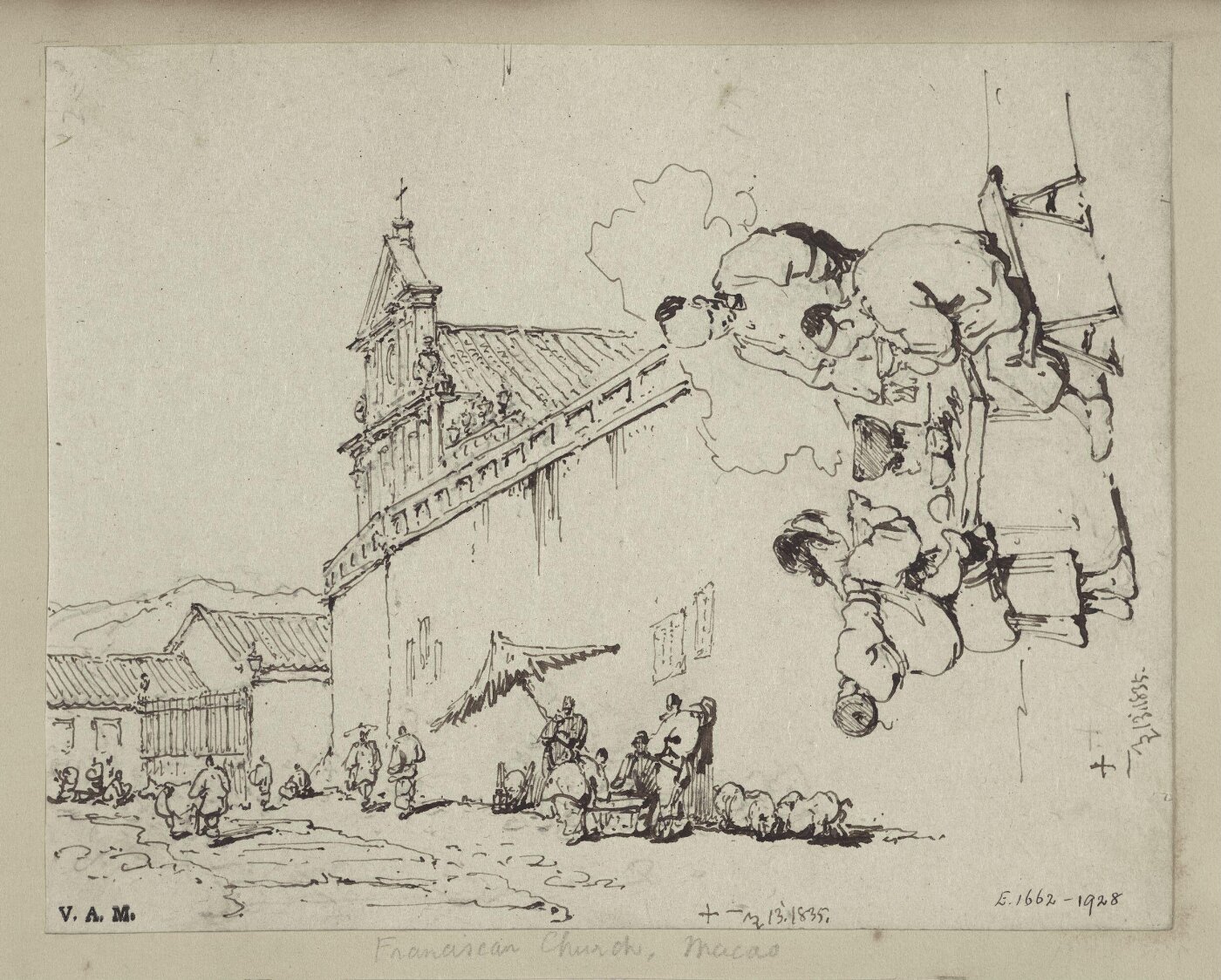 George Chinnery, The church of S. Domingos, Macau; and three figures at a food stall