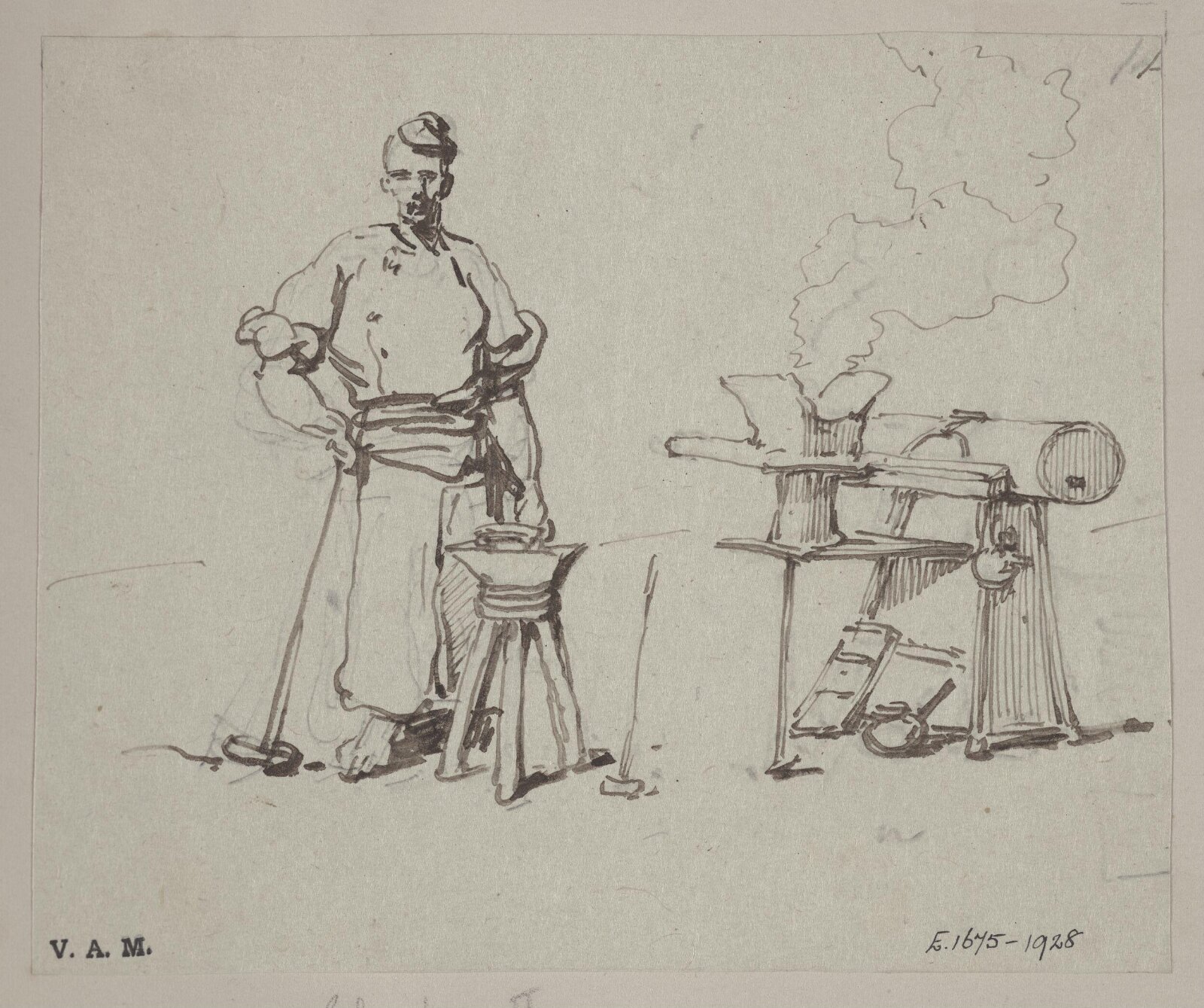 A Chinese blacksmith by his anvil, George Chinnery, 29/09/1825 - 30/05/1852