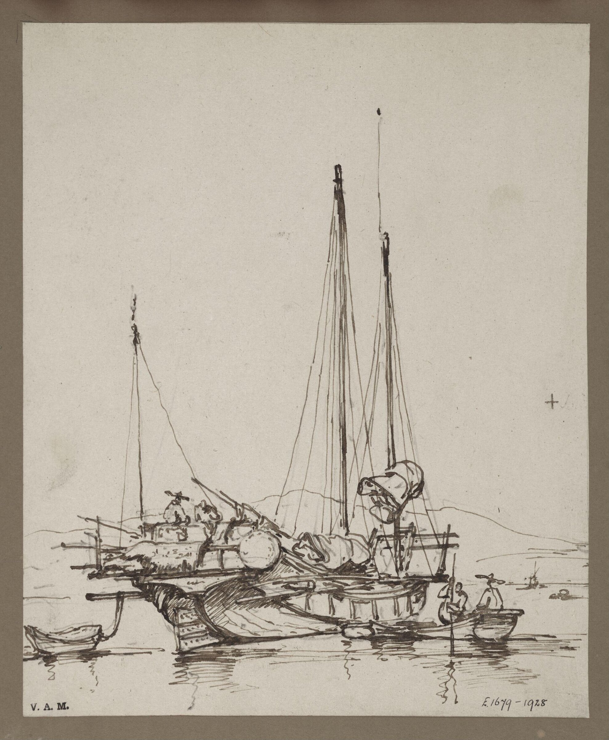 A drawing by George Chinnery of aA  Chinese junk, with figures aboard and small craft alongside, George Chinnery, 29/09/1825 - 30/05/1852