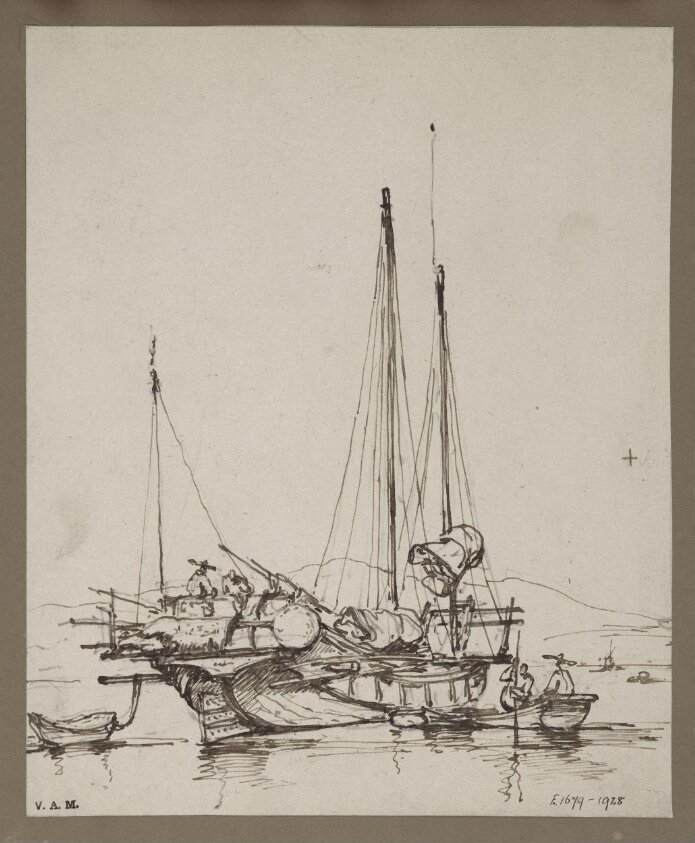 A drawing by George Chinnery of aA  Chinese junk, with figures aboard and small craft alongside