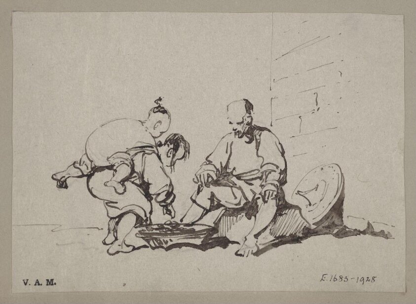 A drawing by GeA vendor and a stooping woman with a child on her back