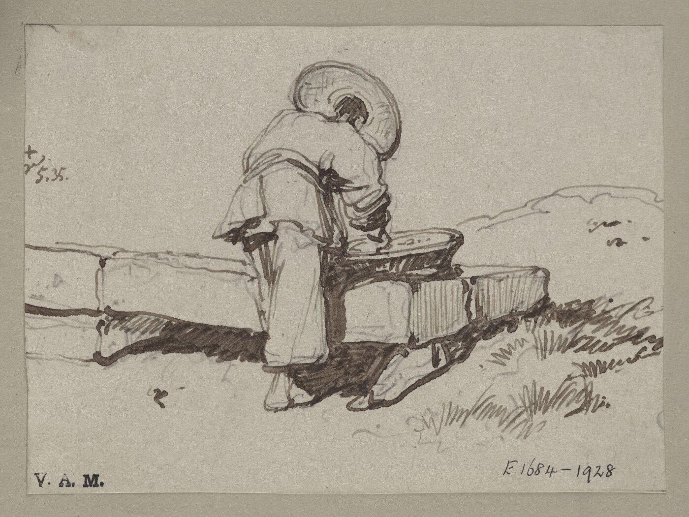 George Chinnery, A Chinese man leaning over a basket placed on a stone block