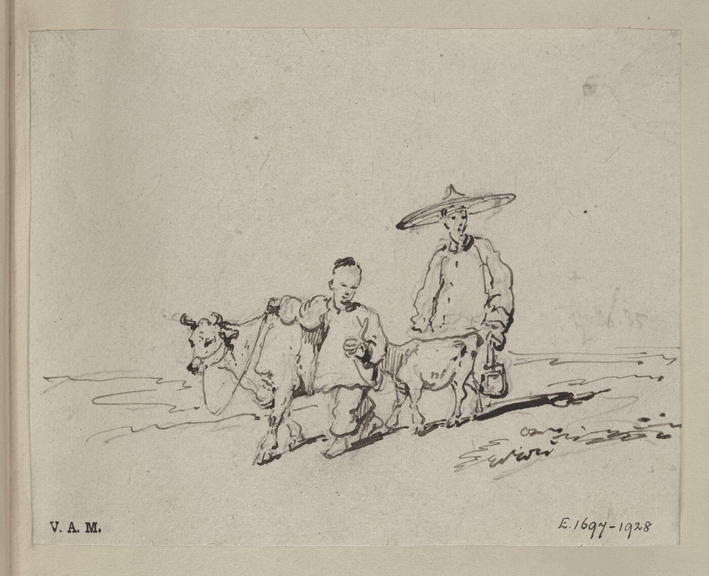 George Chinnery, Two Chinese figures with a cow and calf