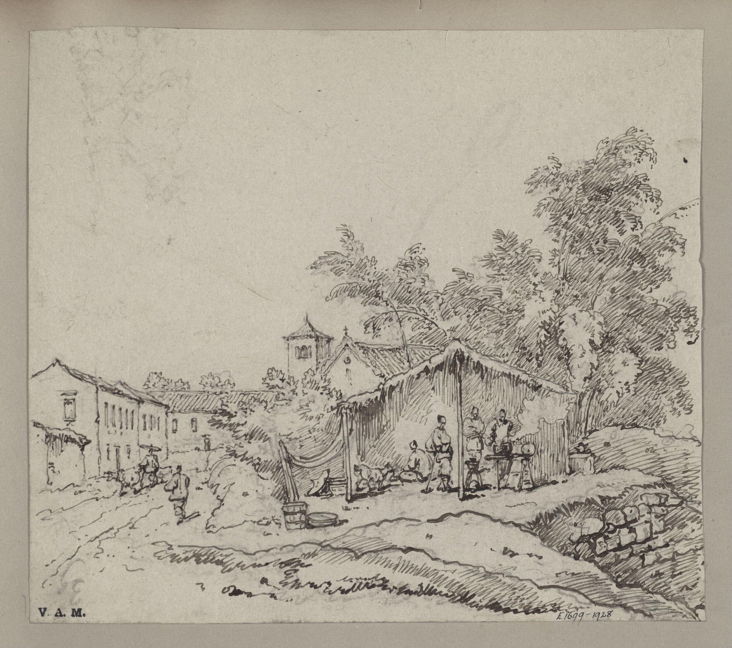 Blacksmiths beneath a thatched shelter, with the church of S. Antonio, Macau, George Chinnery, 26/11/1835