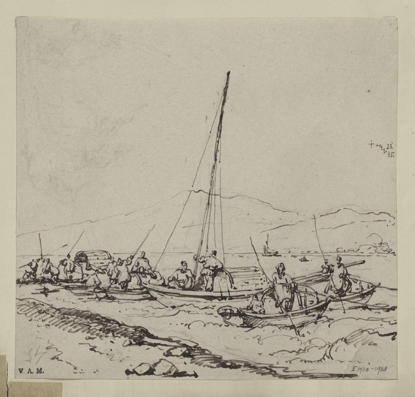 George Chinnery, Tanka boats in shallow water near the shore