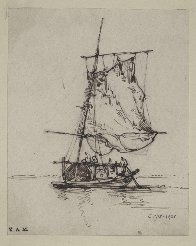 A drawing by George Chinnery of a Tanka boat with a large sail or net raised