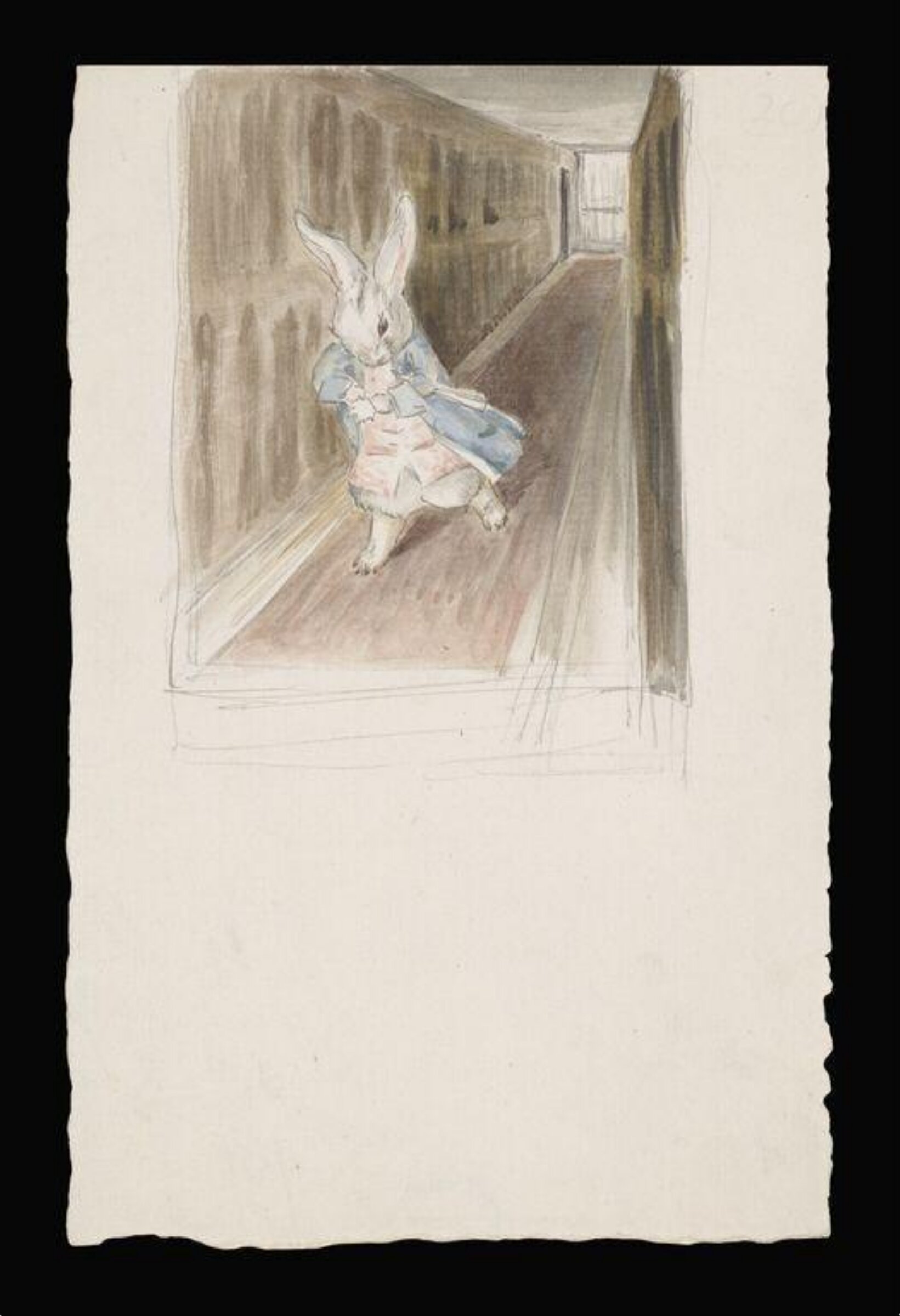 The White Rabbit running along a long panelled corridor, Beatrix Potter, ca. 1895