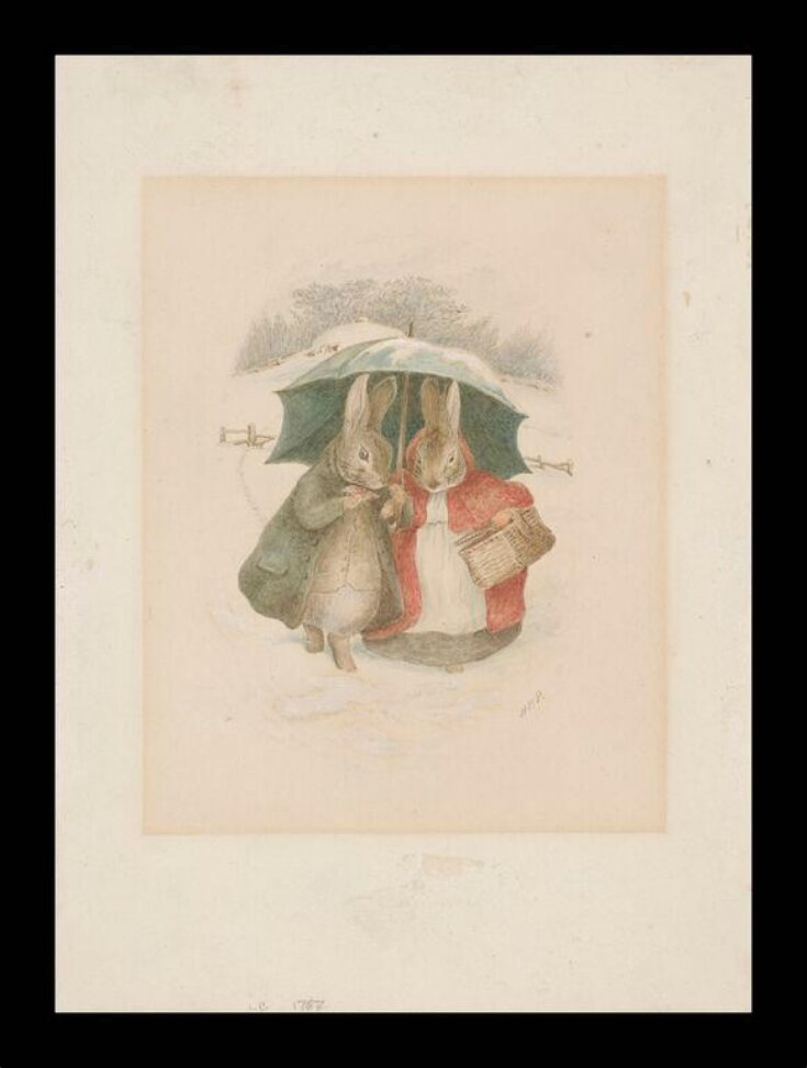 A gentleman and lady rabbit walking through the snow under an umbrella top image