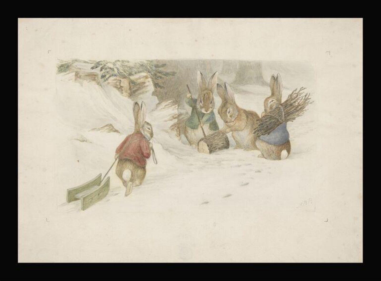 Four rabbits in the snow, Beatrix Potter, ca. 1890s