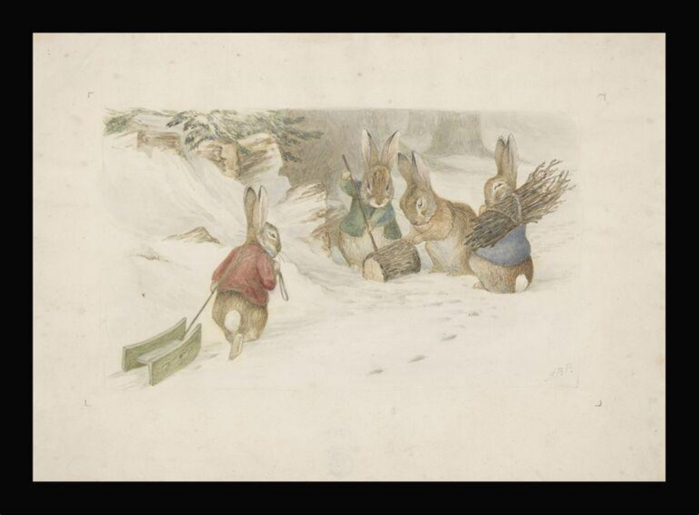 Four rabbits in the snow, Beatrix Potter, ca. 1890s