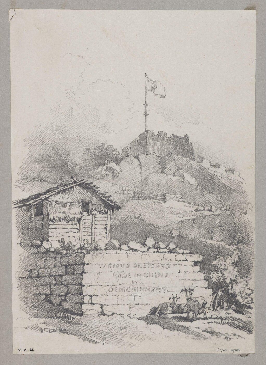 George Chinnery, Vignette. Part of Monte Fort and adjacent village, Macao