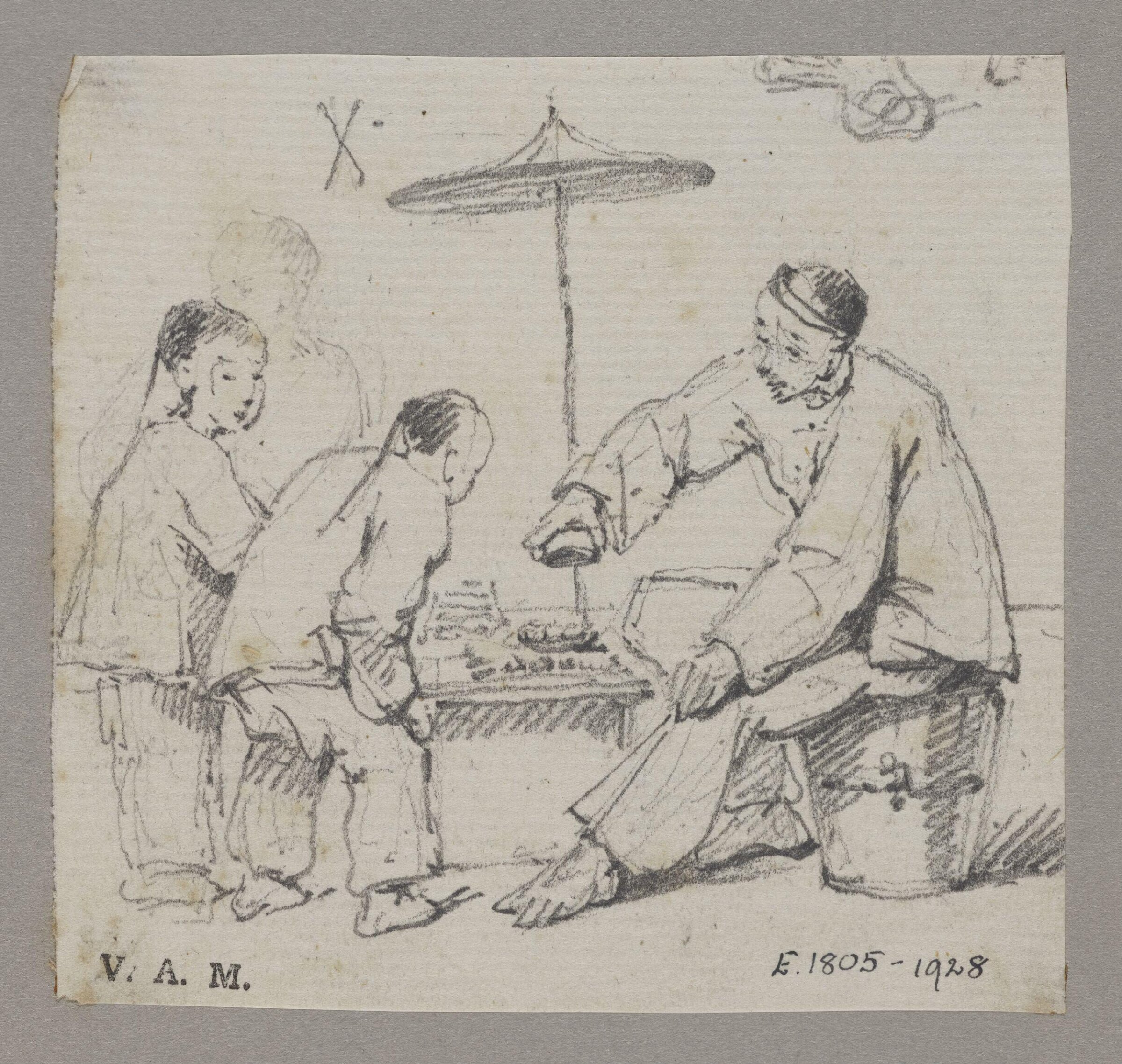 A Chinese man seated at a table, watched by two children, George Chinnery, 19th century