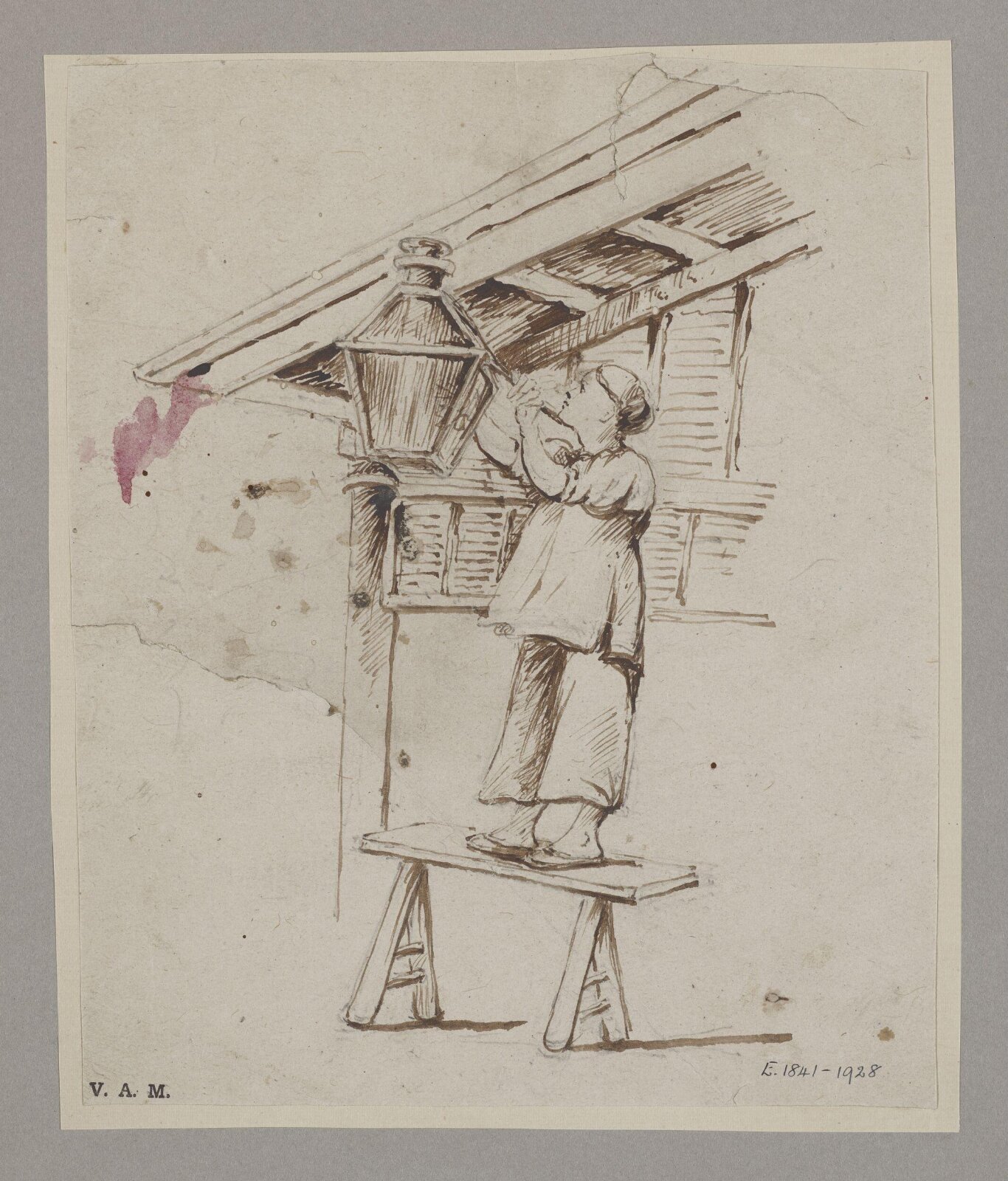 A man attending to a hanging lamp, 19th century