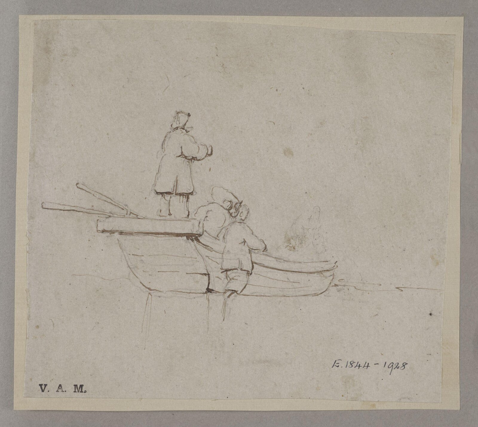 Three Chinese figures with a small boat, 19th century