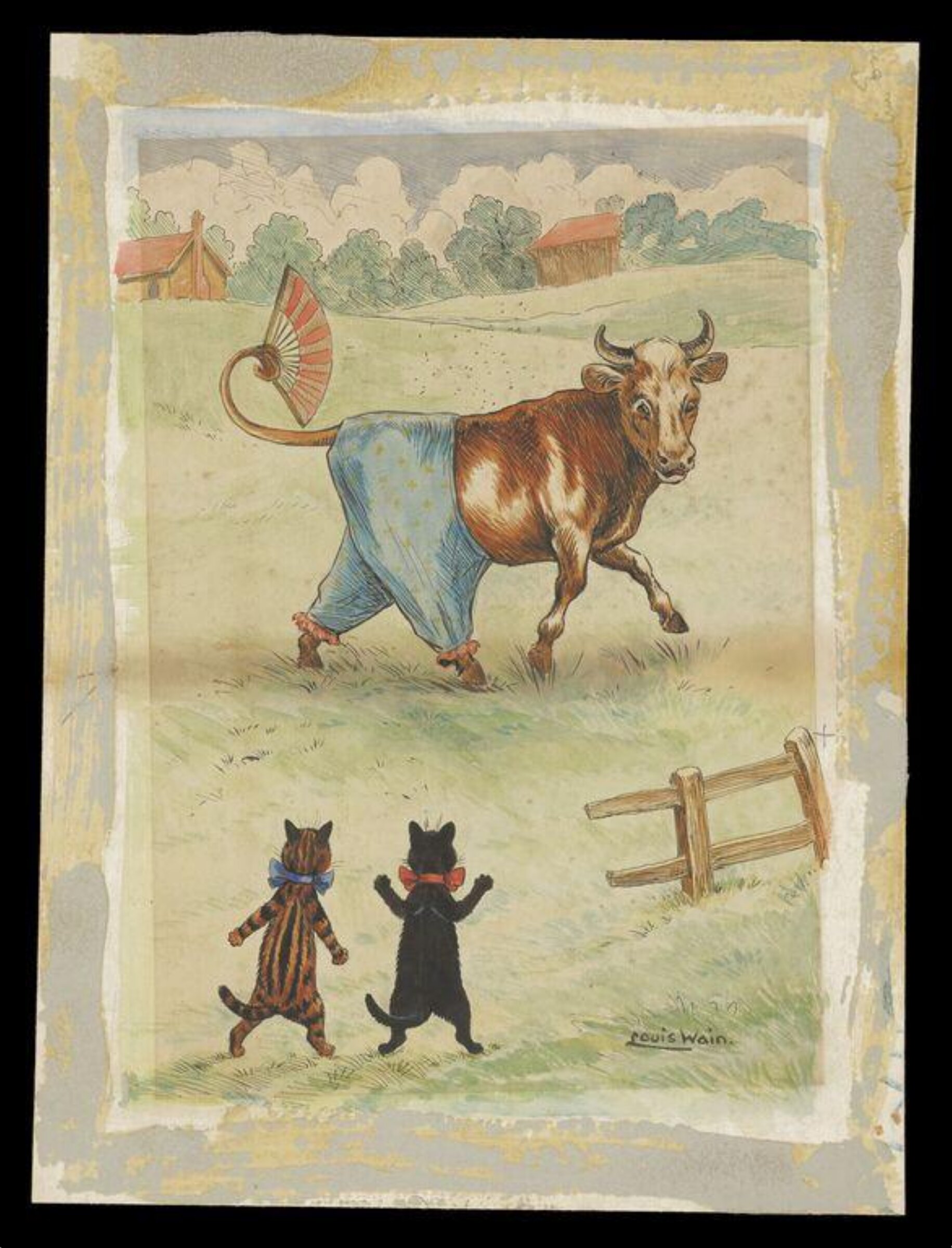 Design for an illustration for an unidentified publication, showing a cow in a field, dressed in bloomers and with a fan tied to her tail, watched by two cats wearing bow-ties, Louis Wain, circa 1905