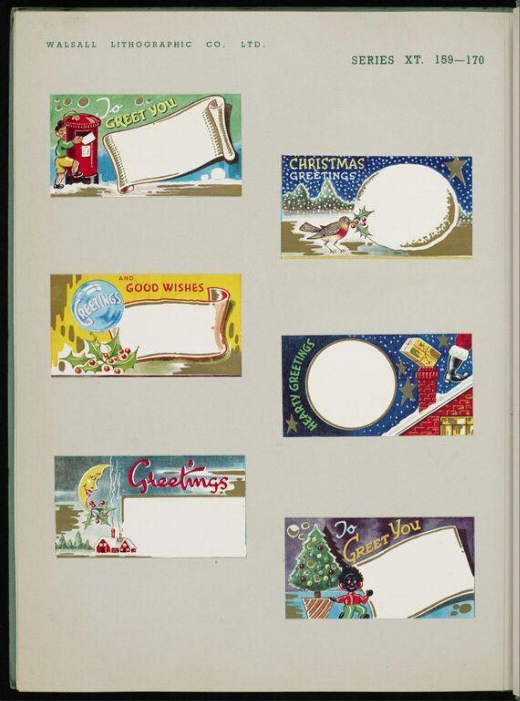 Unknown, Sample book in 14 sheets including covers, loose bound with cotton cord, of Christmas gift cards and tags produced by Walsall Lithographic Co. Ltd., Walsall, Manchester & London. c.1950