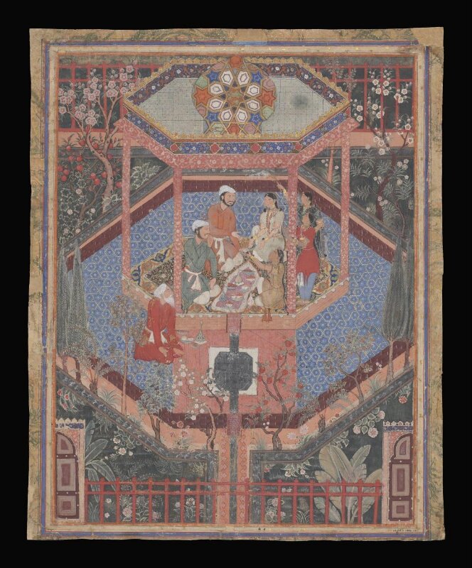 Prince Alamshah Rustam with Mihr Afruz in a garden pavilion