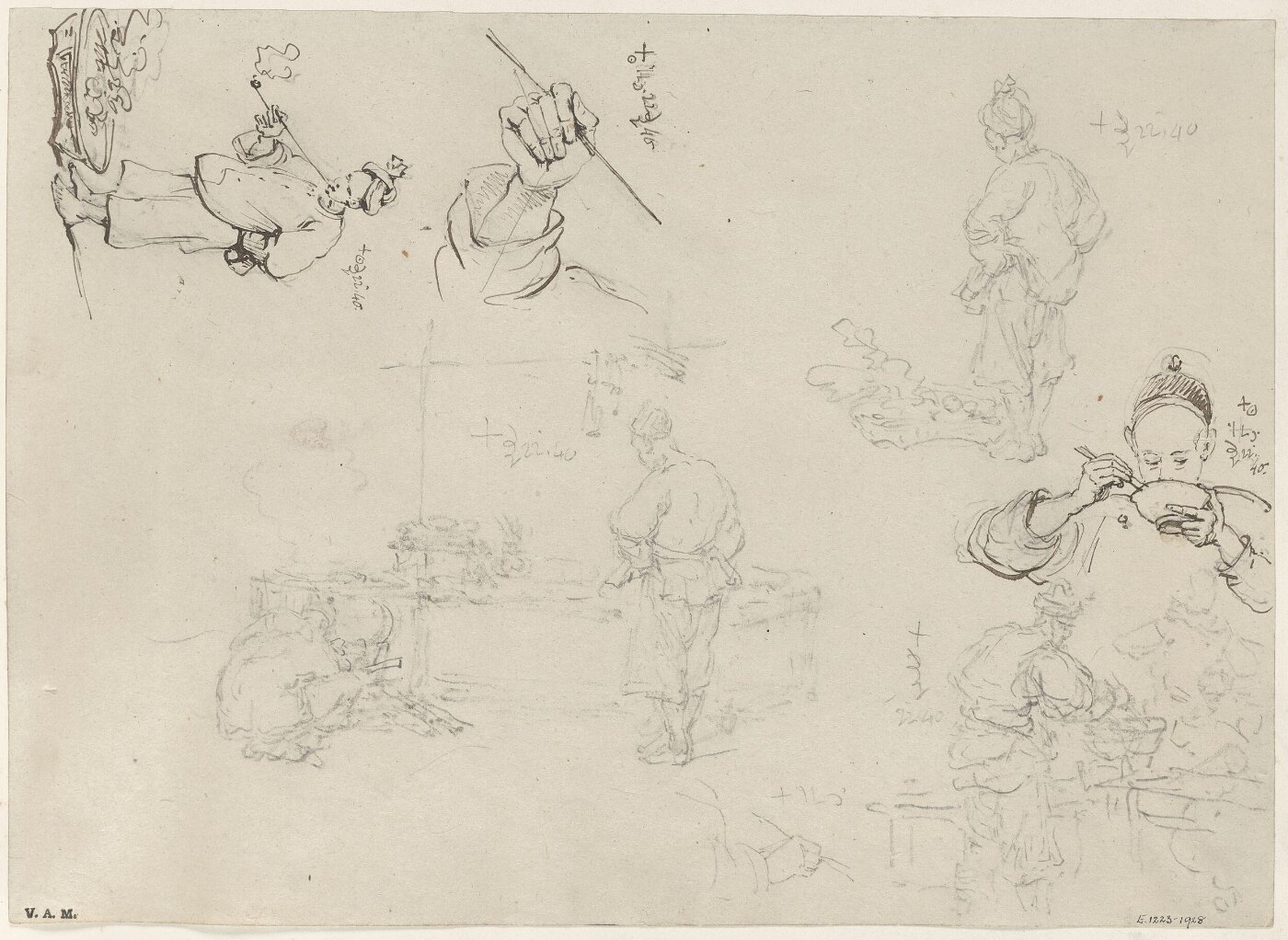 George Chinnery, Sketches of of figures at foodstalls, and a figure smoking a pipe