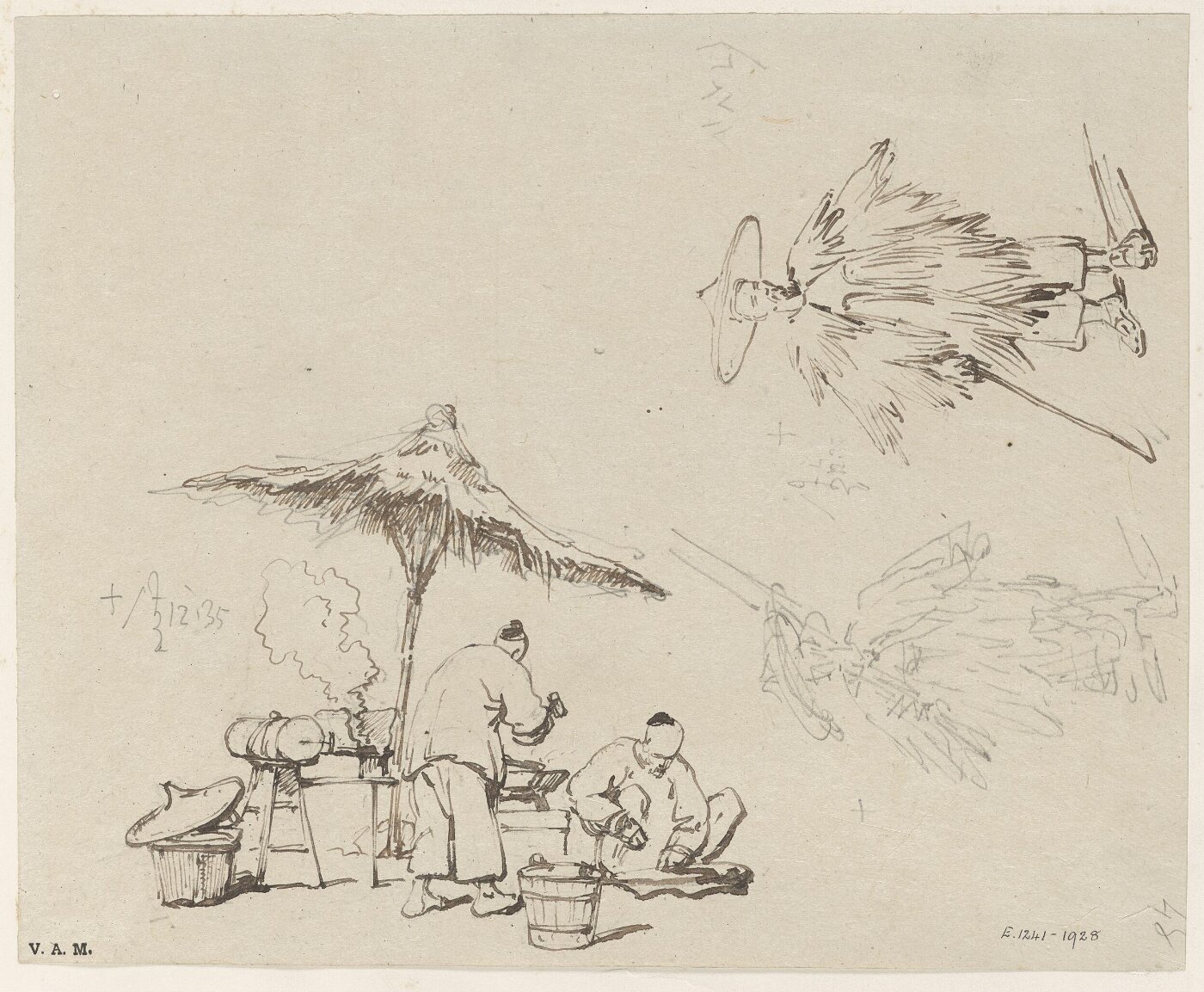 George Chinnery, Studies of two Chinese blacksmiths working beneath a sunshade, and of a Chinese man in wet-weather dress