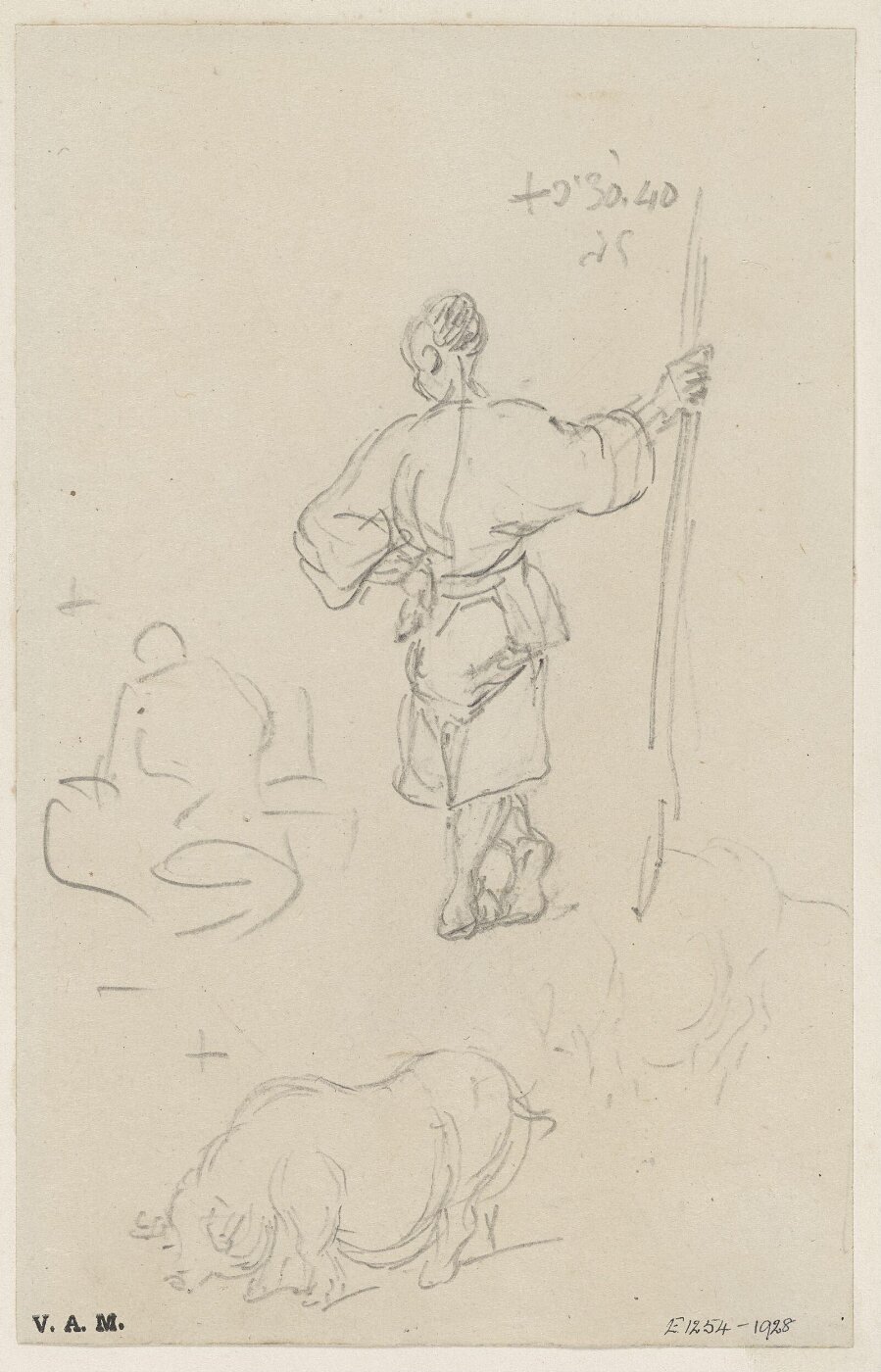 George Chinnery, Two figure sketches and a study of a pig