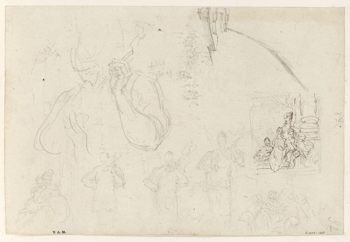 George Chinnery, A figure smoking, an inkstand and quill, and a study for a family portrait
