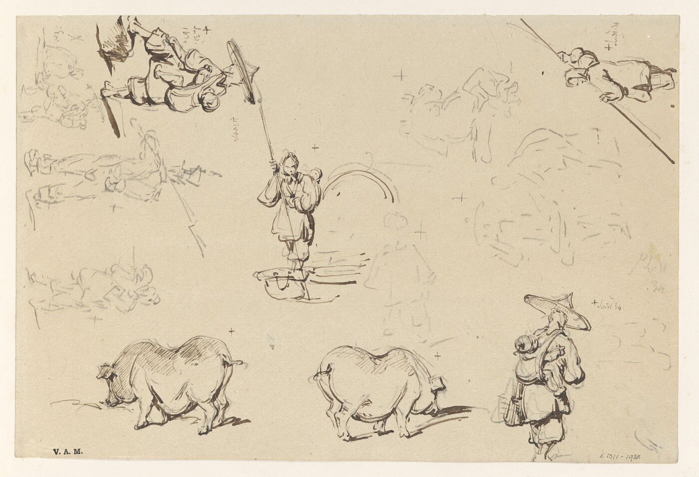 George Chinnery, A page of Chinese figure and animal studies