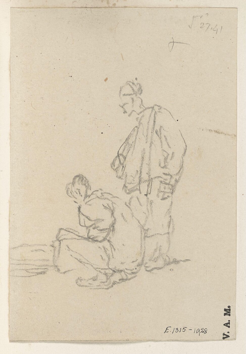 George Chinnery, Two figures, one standing and one crouching