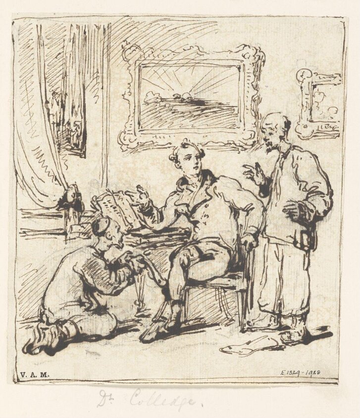 A seated Westerner flanked by Chinese figures
