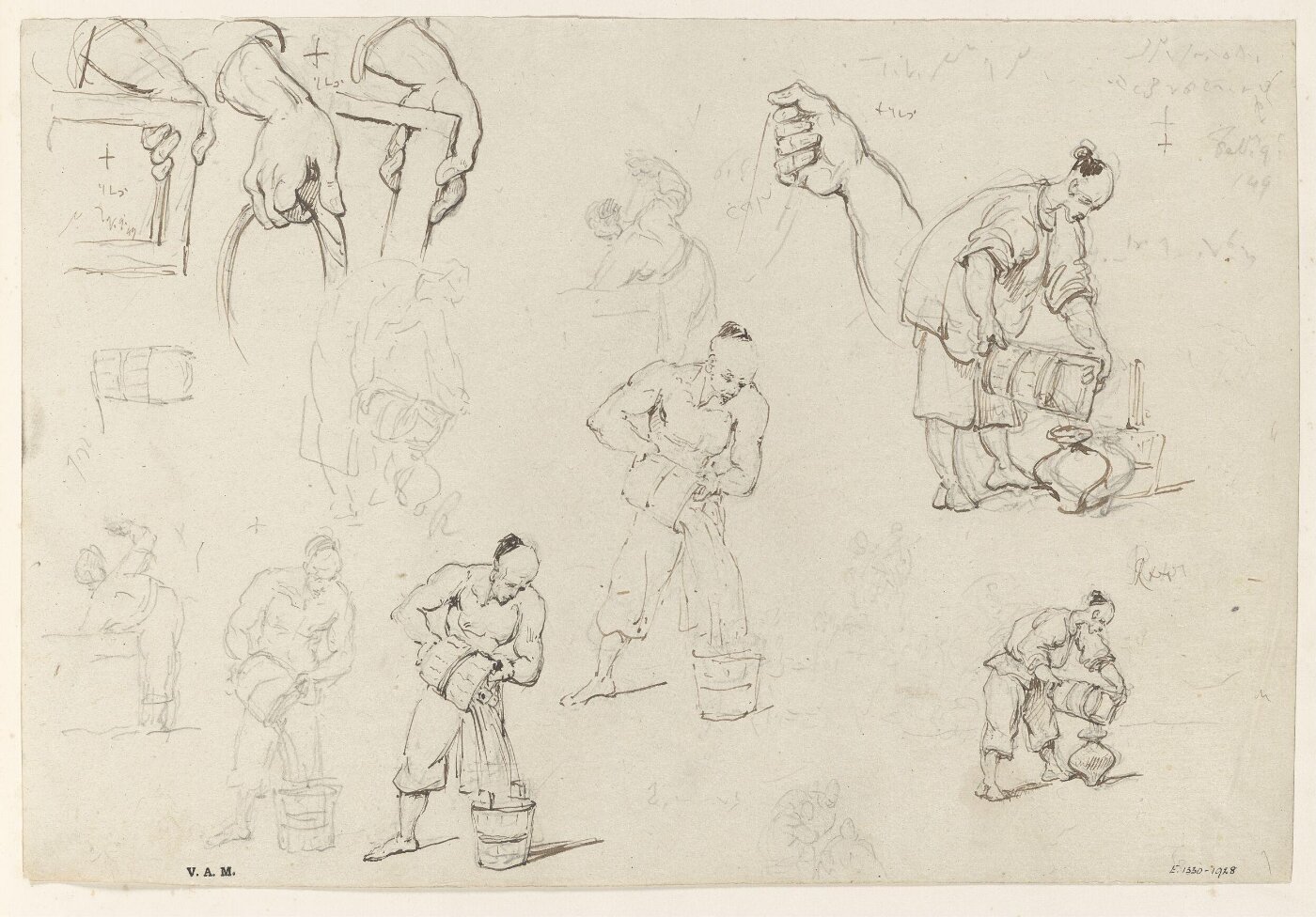 George Chinnery, Studies of Chinese figures pouring water from a pail