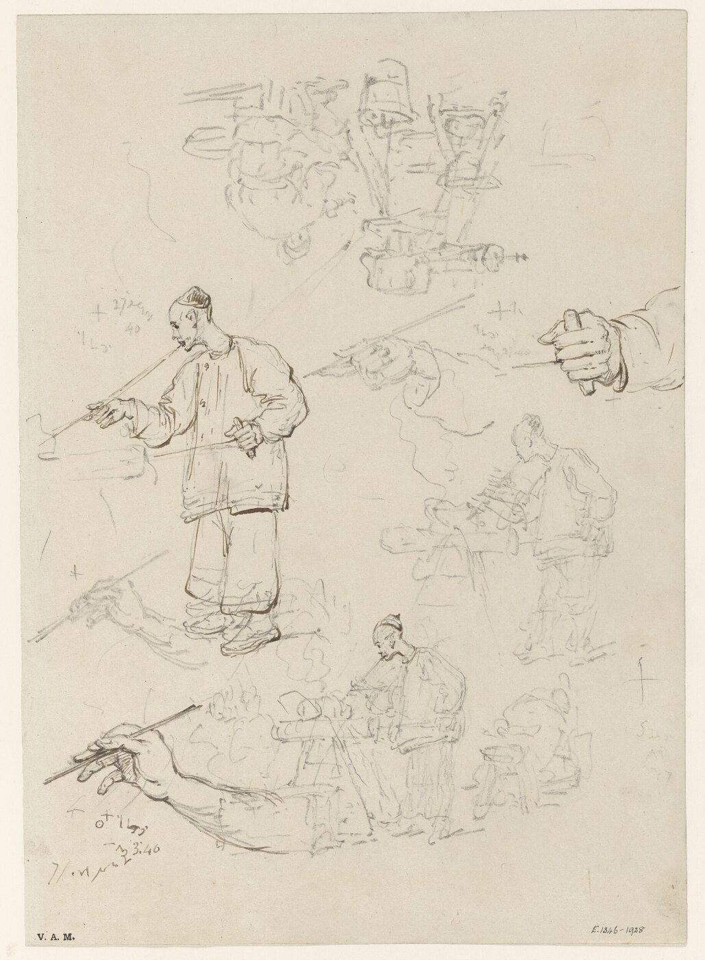 George Chinnery, Sketches of a blacksmith, and his hands holding a long pipe