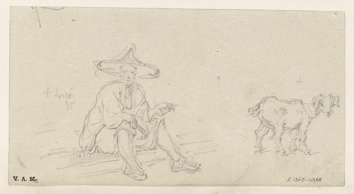 George Chinnery, Sketches of a seated Chinese figure and a small goat