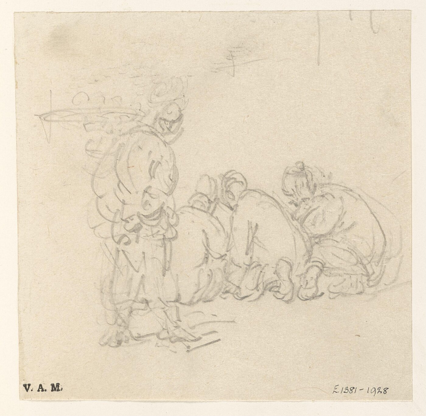 George Chinnery, A group of crouching Chinese figures, with a standing figure looking on
