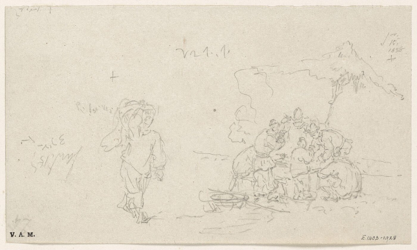 George Chinnery, A group of figures, and a figure carrying a basket on his shoulder