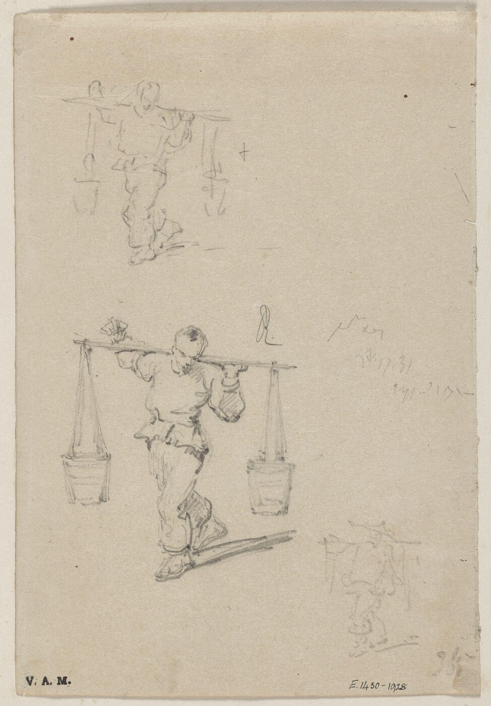George Chinnery, Three drawings of a Chinese porter