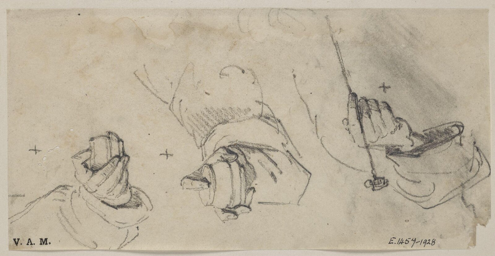 Three drawings of a hand grasping different objects, George Chinnery, 29/09/1825 - 30/05/1852