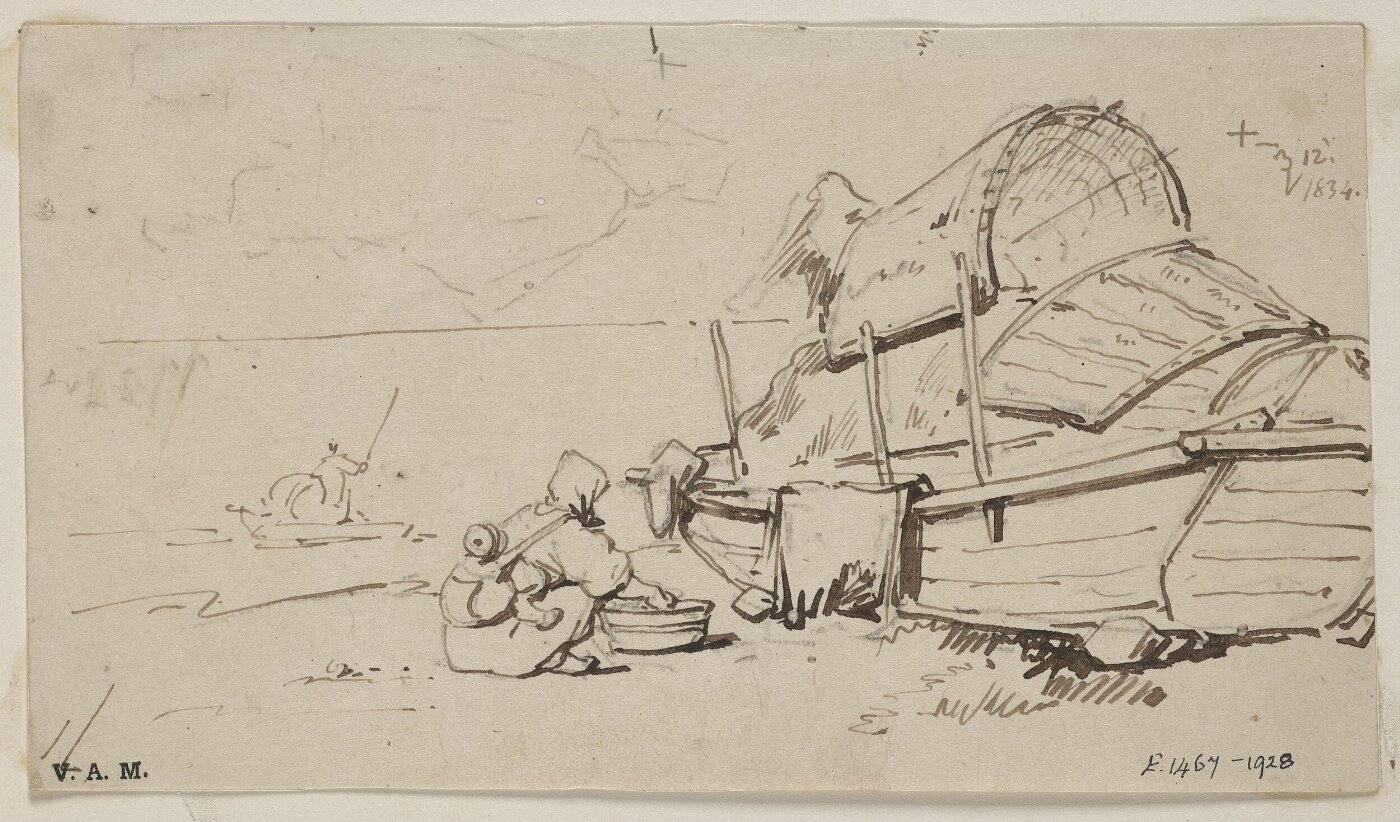 George Chinnery, A boatwoman and child beside a beached Tanka boat