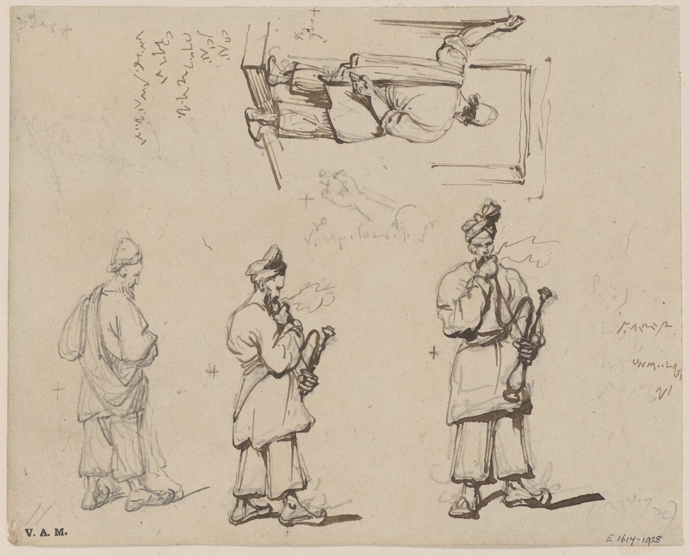 George Chinnery, Standing figures, two of them smoking a hookah