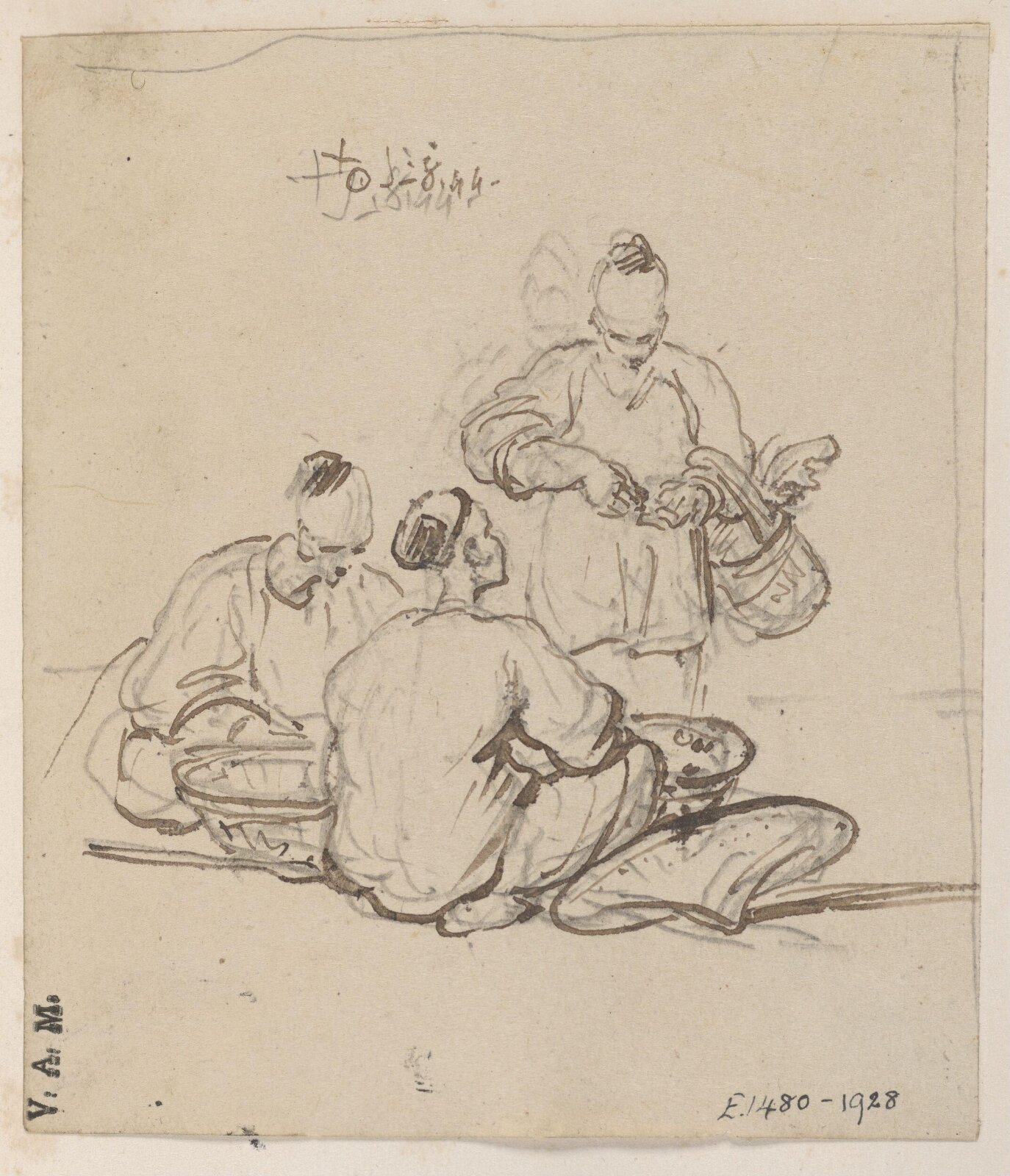 Three Chinese men with baskets, George Chinnery, 08/06/1844