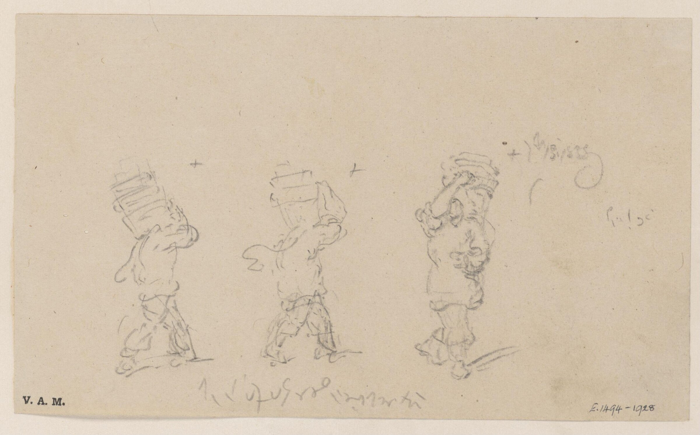 Three sketches of a Chinese porter, George Chinnery, 1774-1852